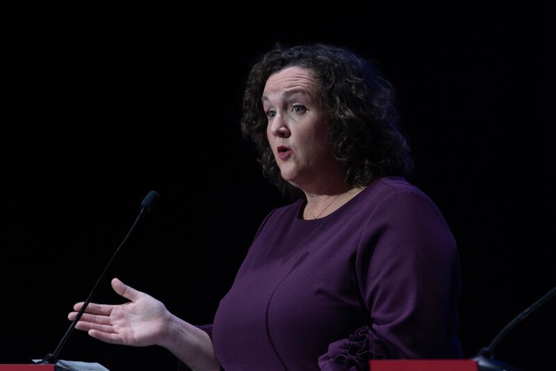 Katie Porter speaking during the debate.