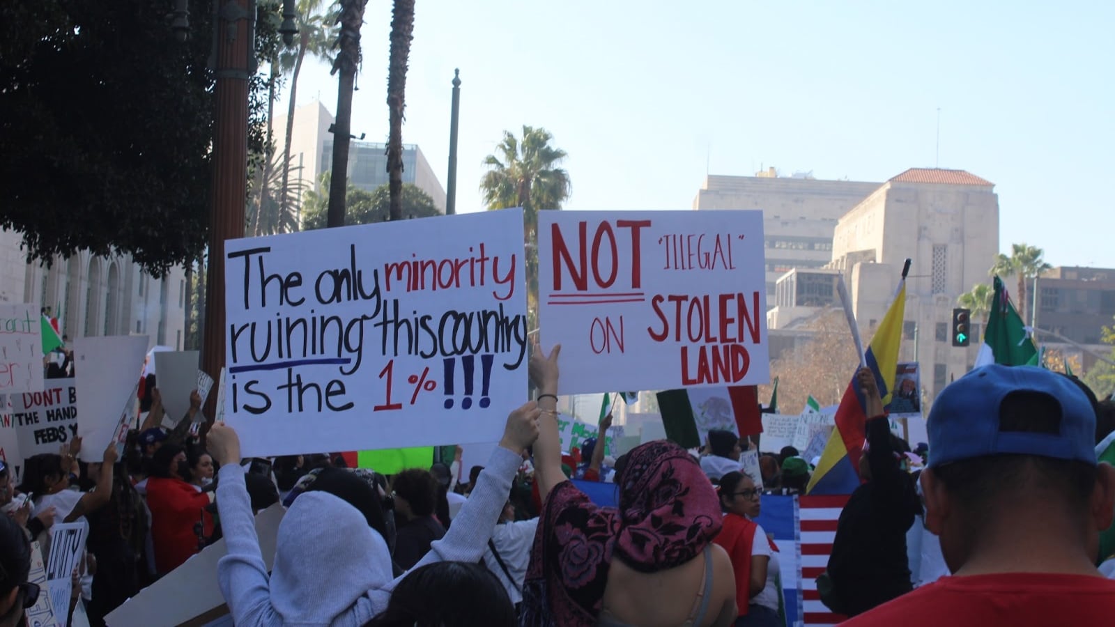 Photo of protestors holding signs surrounded by flags.