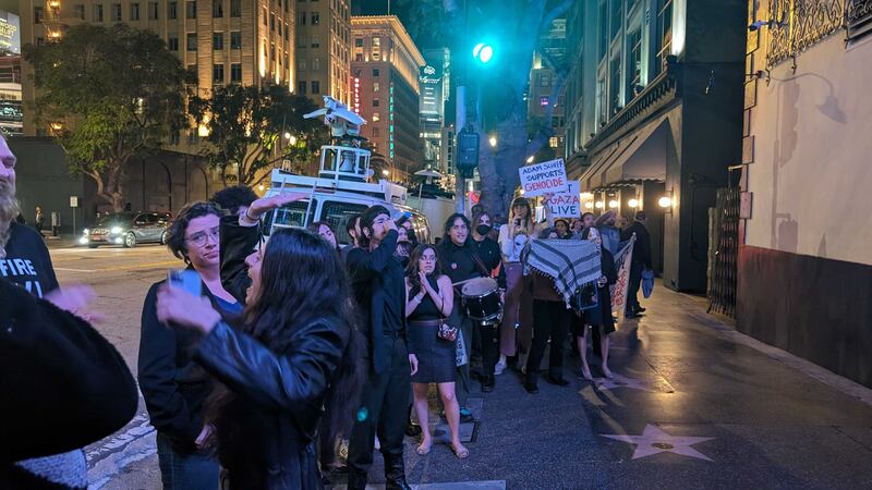 Pro palestinian protestors interrupted the middle of Schiff's speech and were escorted outside the AVALON where the event was held. They were advocating for a ceasefire and continued to do so outside the venue.
