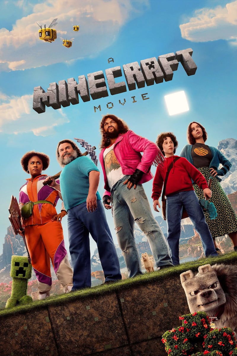 Photo of the poster for A Minecraft Movie, featuring the cast of the movie.