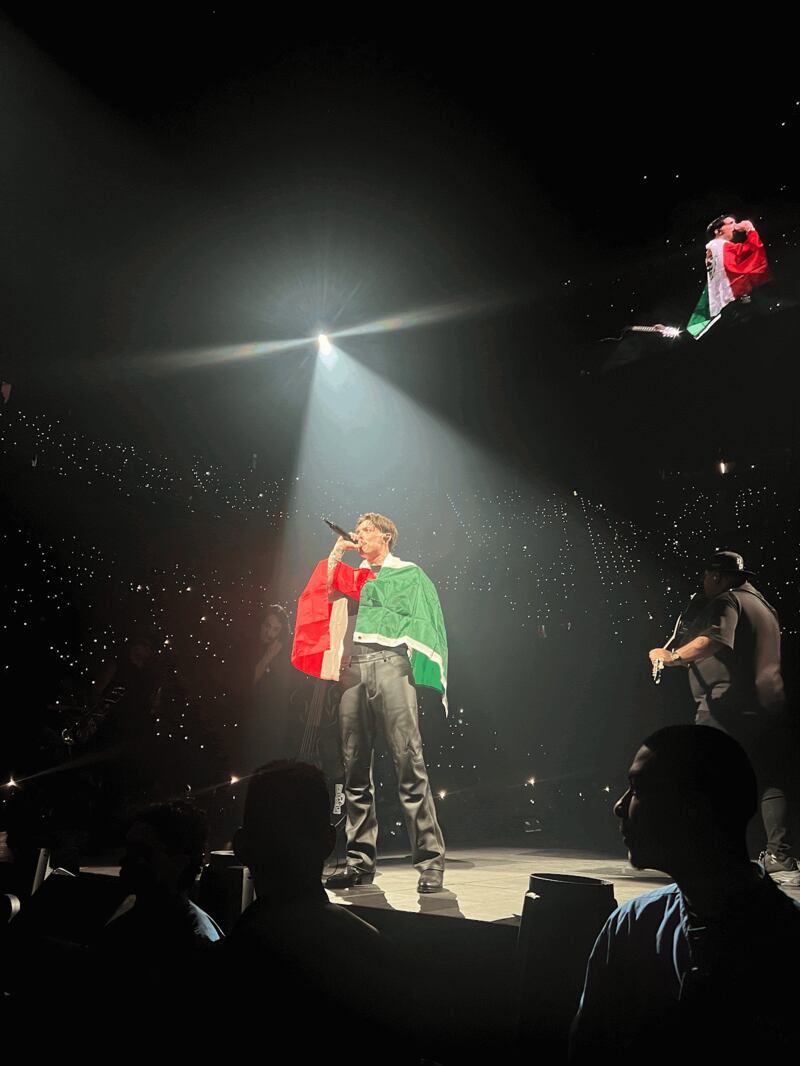 Photo of a man performing on stage with a Mexican flag draped over him.