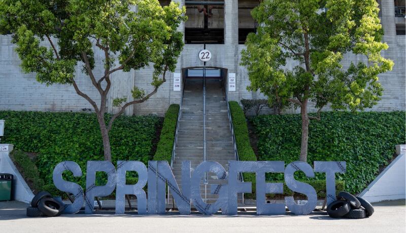 The iconic “SPRINGFEST” sign, redesigned every year, now mirrors Don Toliver’s gritty style. (Photo by David Lee)