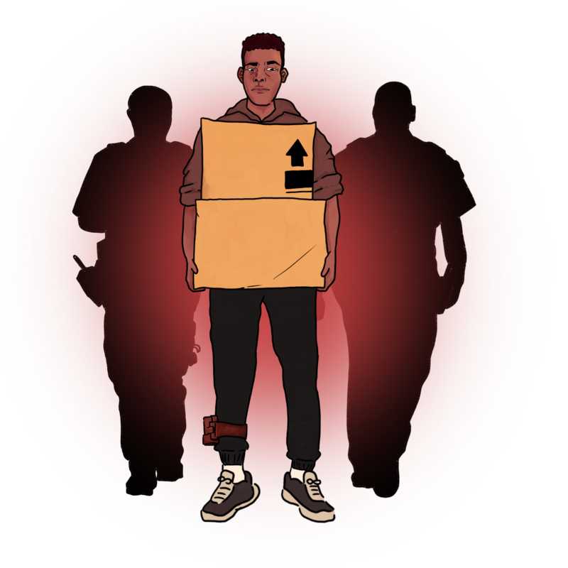 Illustration of Judah Adkins being escorted by two DPS officers. He is holding two boxes and has an ankle monitor on.