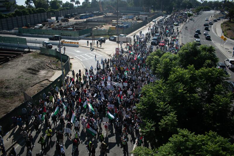 An overhead shot of protesters from the freeway.