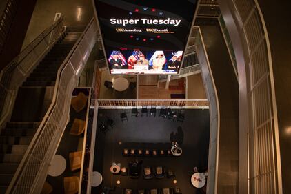 Most of the students and guest speakers have cleared out of the Annenberg Forum as the watch party event ends.