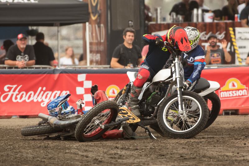 A crash occurs on the second turn at the short Moto Beach track. The track was built by Dan Herin and, due to high congestion, featured a number of crashes.