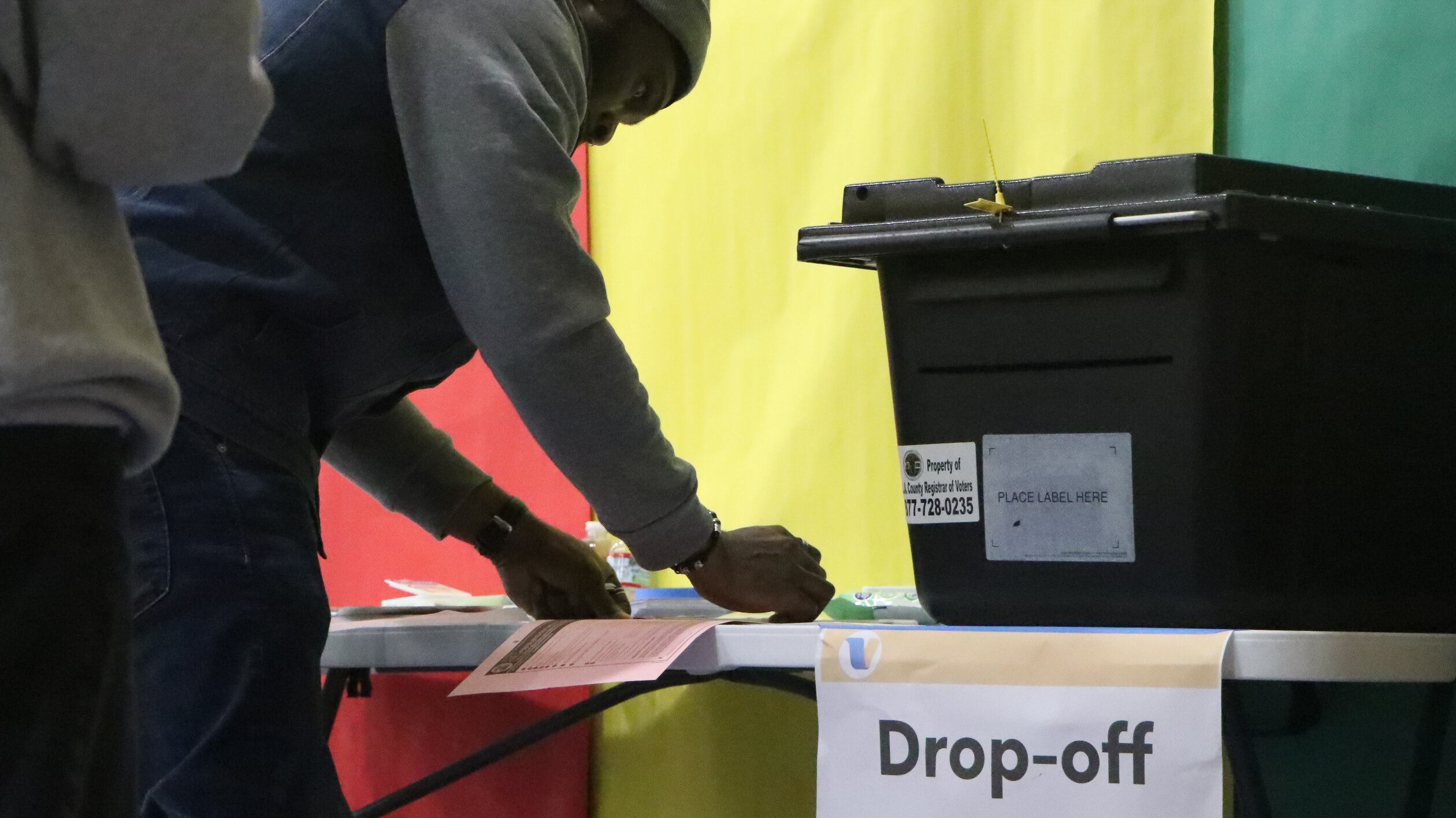 A drop-off ballot box at Lenicia B. Weemes Elementary School. The elementary school also served as an in-person voting location.
