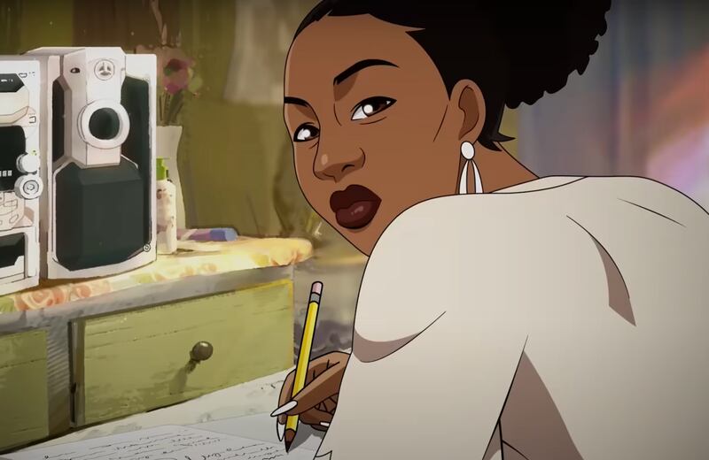 Animated version of Megan's mother, Holly Thomas writes lyrics into a notebook while wearing a cream colored top and large earrings.