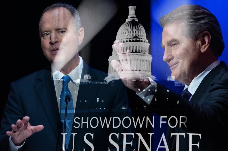 Adam Schiff (left) speaks into a microphone. Steve Garvey (right) waves. The U.S. Capitol Building stand in between them, with the words "Showdown for U.S. Senate" in front of them.