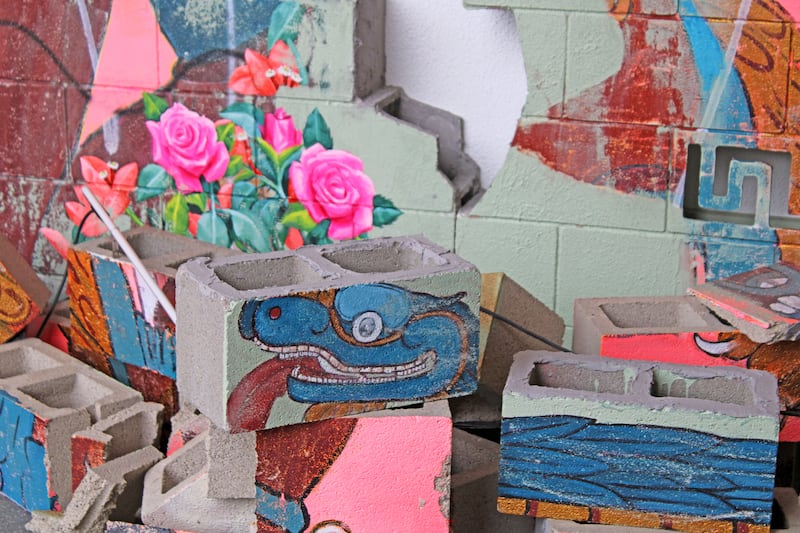 In Battle of the City on Fire (2025), Martinez draws on Native American, Mayan, and Aztec–inspired imagery, blending these elements with visual references to contemporary Los Angeles. (Photo by Charlotte Calmès)