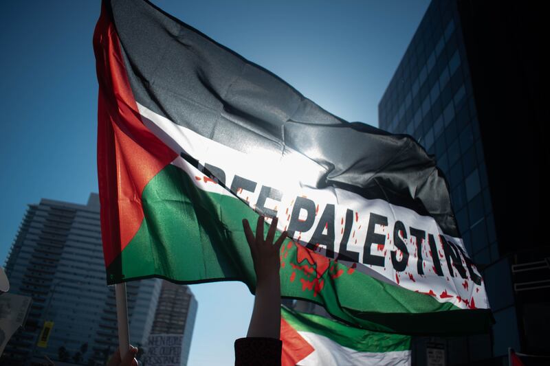 The Palestinian flag waves over the hand of a supporter with text on the flag reading “Free Palestine”.