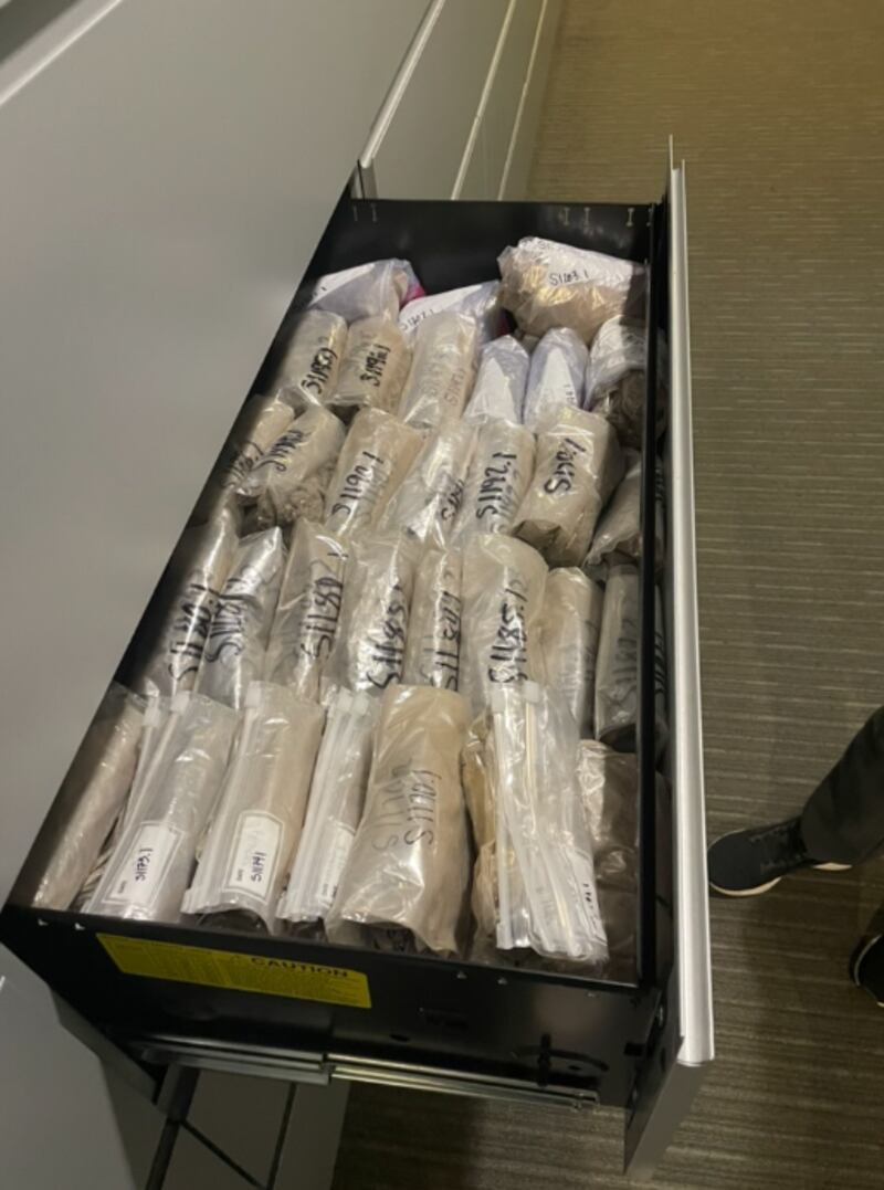 Soil samples in drawers in the Environmental Justice Research Lab.