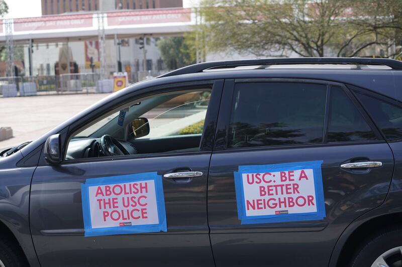 USC Forward held a car caravan protest calling for the reallocation of DPS funds.