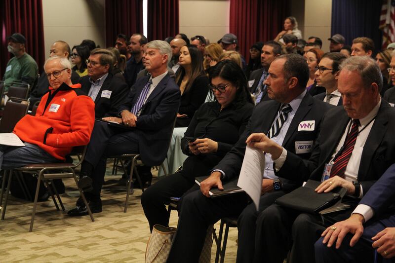 Residents and Helinet employees gather for a special session convened by the Trade, Travel and Tourism Committee at Van Nuys City Hall on Feb. 8, 2024 (Photo by Shane Dimapanat)