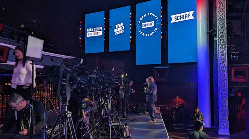 Camera crews set up at Adam Schiff's watch party which is located at the live music venue "AVALON Hollywood & Bardot."