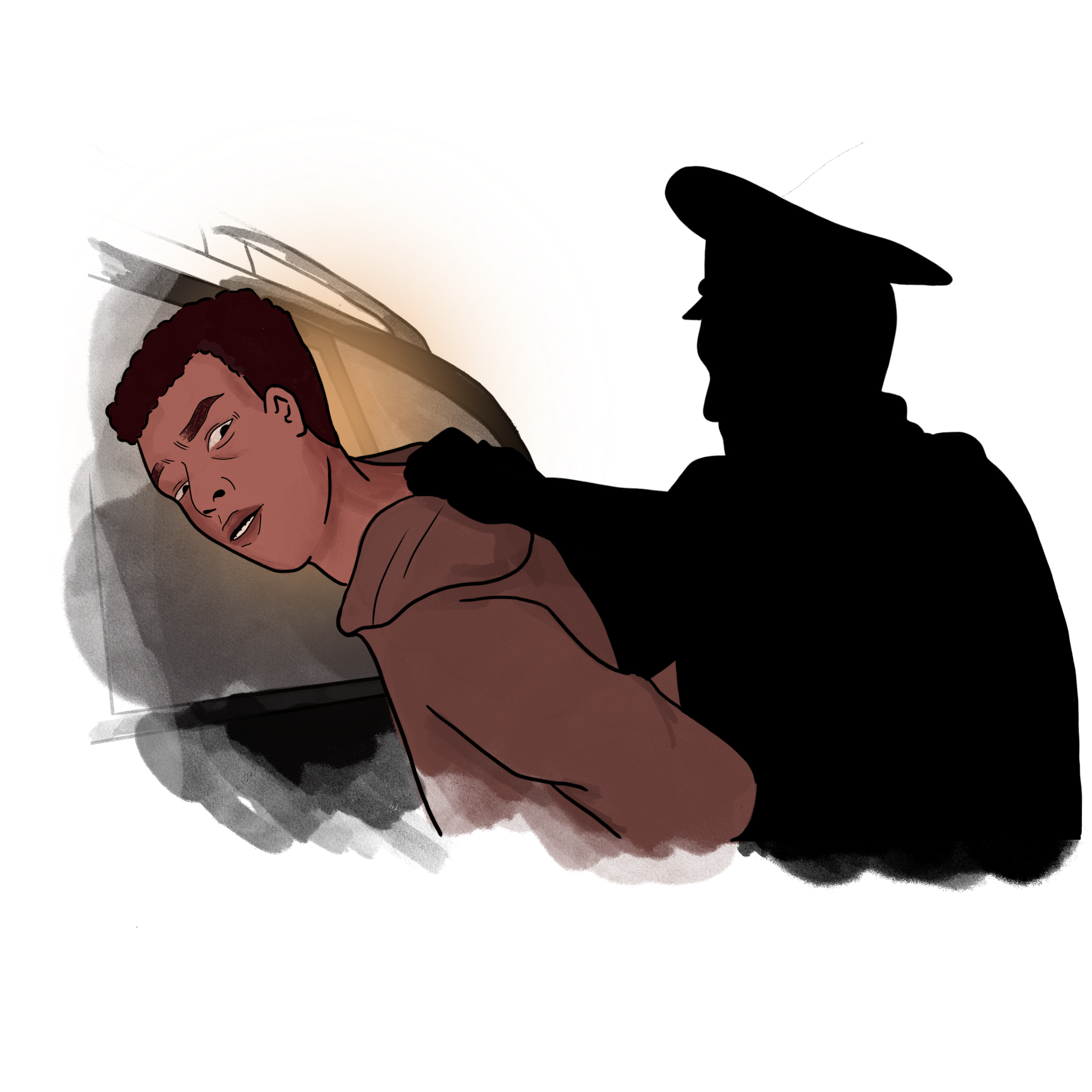 Illustration of Judah Adkins pushed against a police car by an LAPD officer.