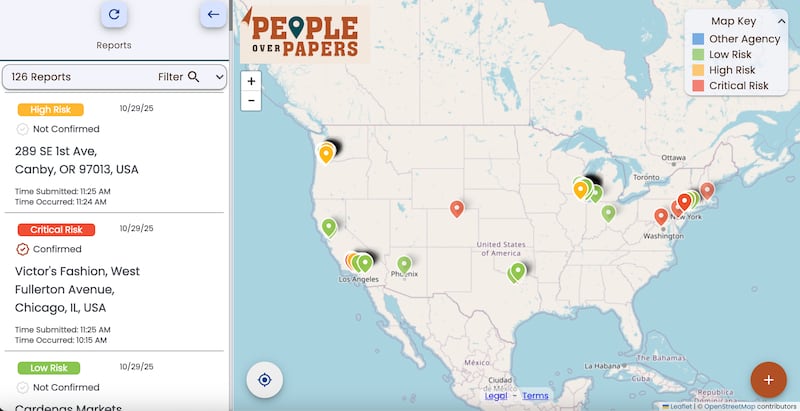 The People Over Papers website, available at ICEOUT.org, opens to a map of the United States displaying reports of immigration enforcement activity or the presence of federal agents.