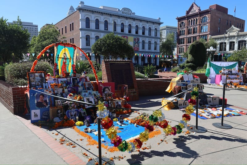 Community members were invited by Olvera Street Merchants Association to display their ofrendas in the plaza.