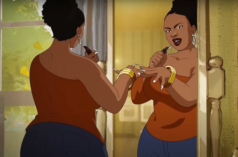 Holly Thomas anime character stands before a mirror practicing a performance while wearing an off the shoulder orange top and blue bottoms.