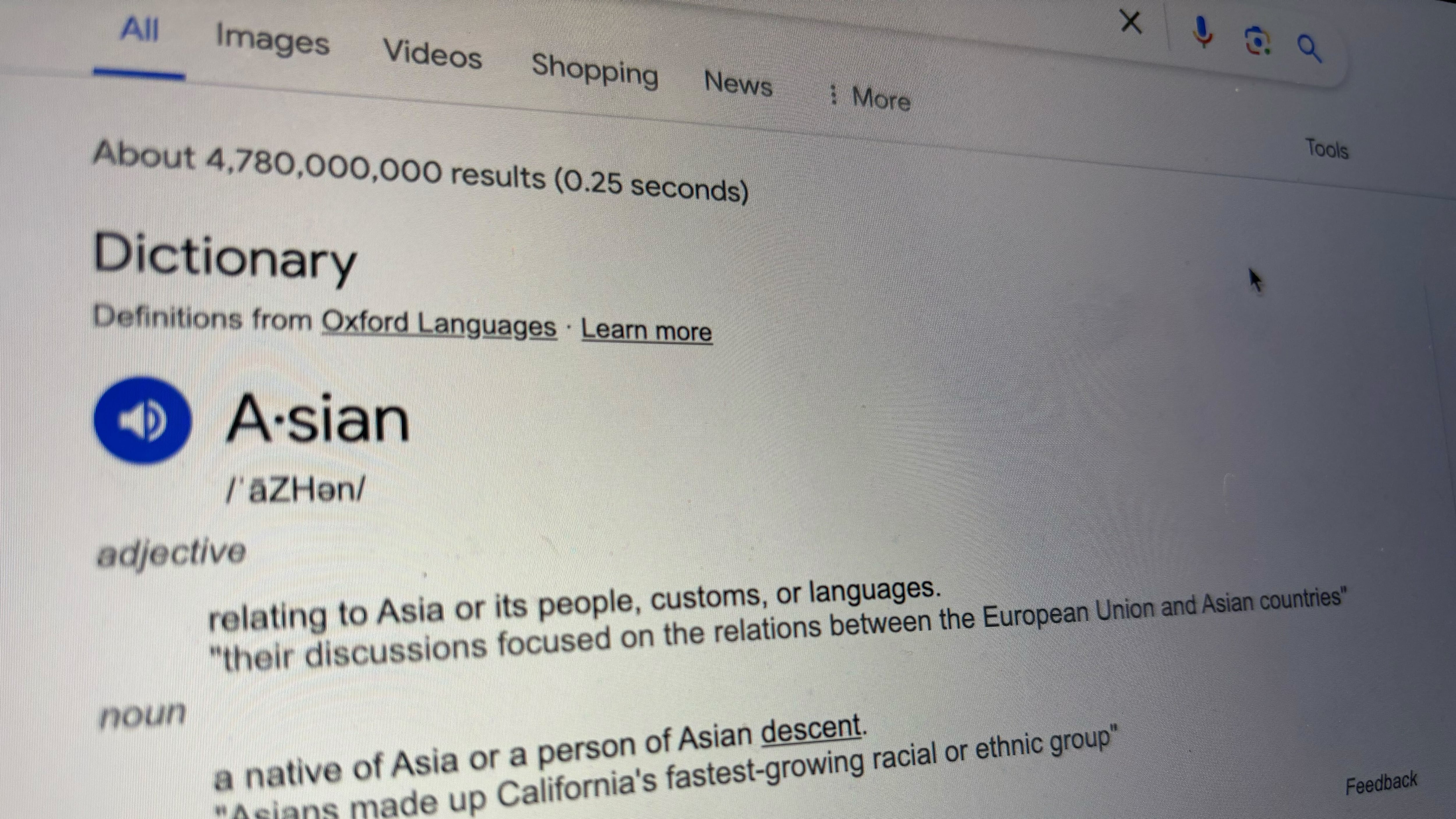 Photo of a computer screen showing the dictionary definition of Asian