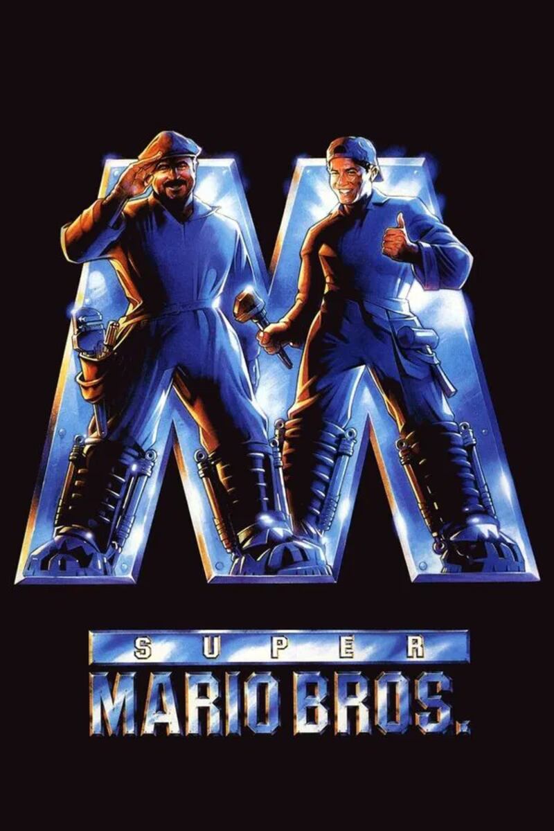 The poster for the original Super Mario Bros. movie, released in 1993, that features the two main actors.