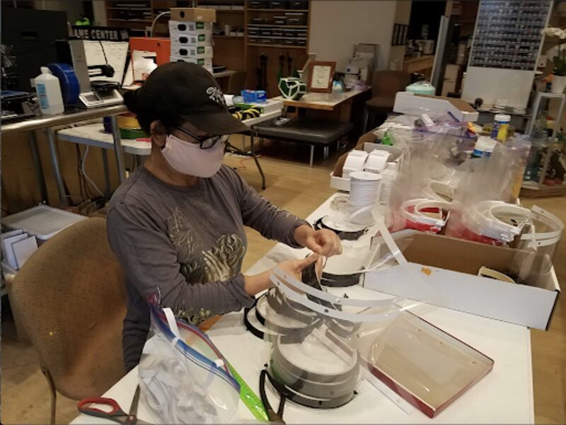 PVNet volunteer, Mei Mei Giang, helps fabricate face shields [Photo courtesy of PVNet]