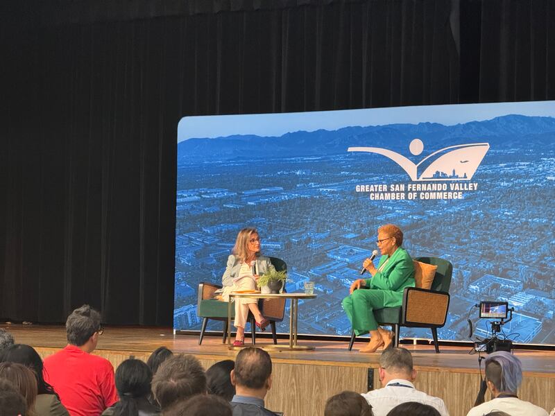 Los Angeles Mayor Karen Bass speaks at a mayoral forum on the campus of Los Angeles Valley College on May 20.