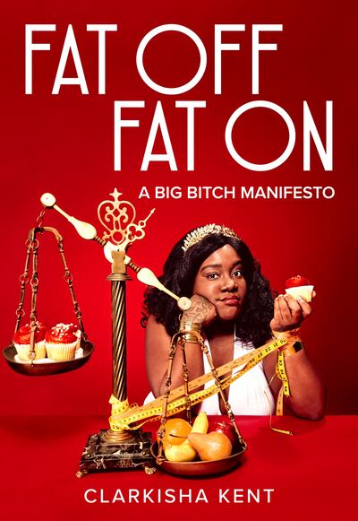 A photo of the cover of the book, which features its title and a photo of Kent posed with a scale that has cupcakes on one side and fruit on the other side. She is holding a cupcake.