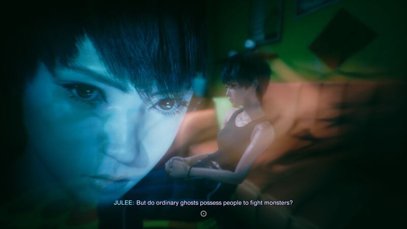 Game screenshot of a woman sitting with an image of her face imposed over half of the screen