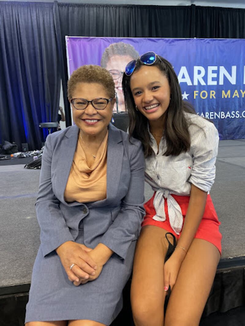 A photo of a student with Rep. Karen Bass.