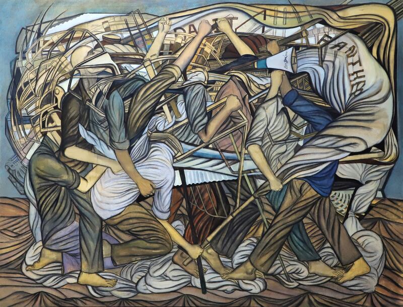 Abstract painting of several people's bodies in a messy crowd