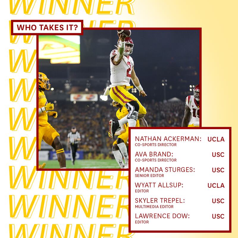 A graphic with editor predictions of who will win the USC-UCLA football game and a photo of USC quarterback Jaxson Dart
