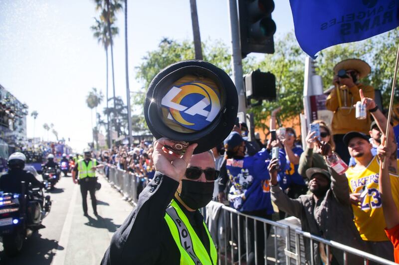 Annenberg Media photographers behind the scenes photographs of the LA Rams victory parade and rally.
