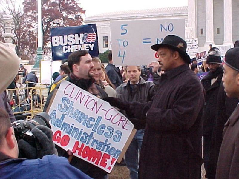 Rev. Jesse Jackson and a Bush supporter during 2000 Presidential election recount on the Supreme Court Plaza.