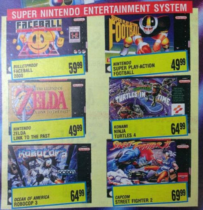 Photo of an ad from an old magazine, showing SNES games around $60