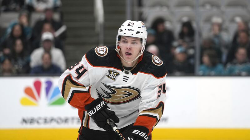 Anaheim Ducks defenseman Pavel Mintyukov looks forward while skating against the San Jose Sharks during the first period of an NHL hockey game, Thursday, Feb. 29, 2024, in San Jose, Calif. (AP/Godofredo A. Vásquez)
