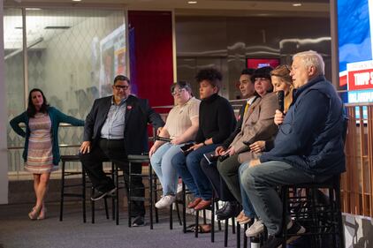 Tom Hollihan (right), professor of communication and political science at USC, speaks to the assembled audience. Jessica Yellin, Peabody, Gracie and Emmy award-winning political journalist and founder of News not Noise sits next to Hollihan at the USC Annenberg watch party event and participates in the discussion. The others participating included (right to left) Danielle Cendejas, a campaign strategist, Kamy Akhavan, executive director of the Center for Political Future at USC, Jane Costa, an opinion writer for The New York Times and fellow at the Center for the Political Future, Caitlin Hernandez, a multimedia journalist for the LAist, Luis Alvarado a public affairs consultant and president of the Families Unidas de California PAC and Christina Bellantoni, a professor of professional practice and director of USC's Annenberg Media.