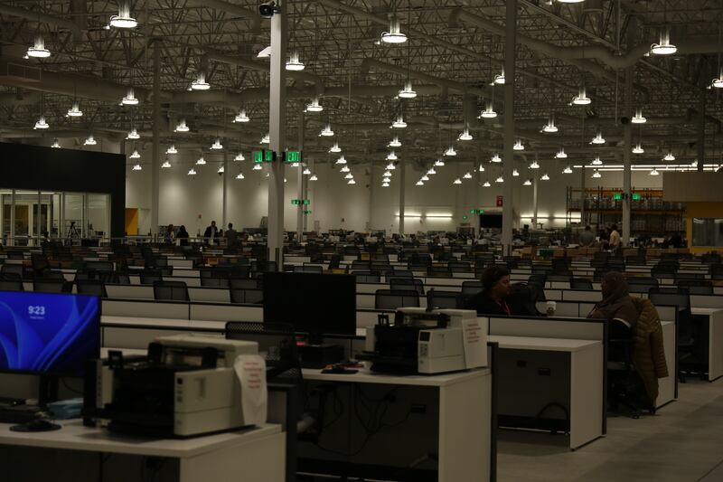 The ballot processing center, which spans over 144,000 square feet, before shipments of ballots began to file into the center around 9:45 p.m. on March 5, 2024.