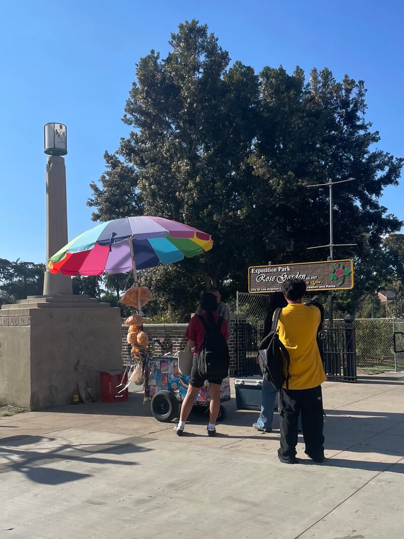 Pedro sets up his ice cream cart in near Exposition park Rose Garden.