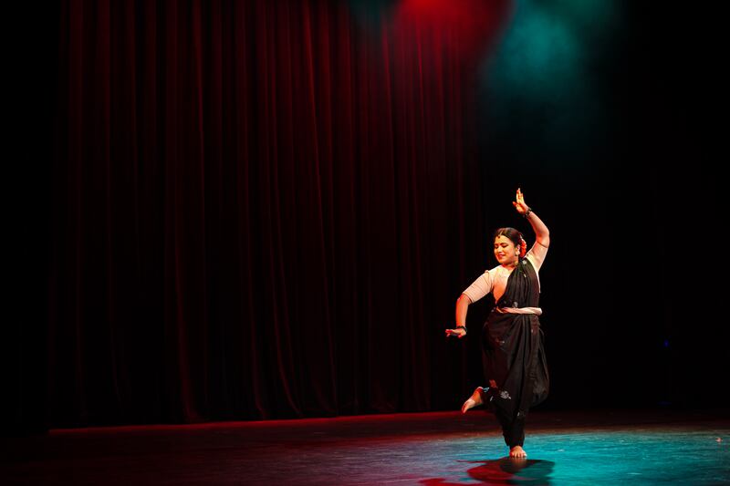 Sinchana Lokesha and Nikita Goel (not pictured) perform Bharatanatyam dance—a major form of Indian classical dance. (Photo by Dua Anjum)
