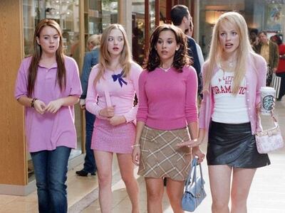 [The Plastics from 'Mean Girls' walk through the mall.]