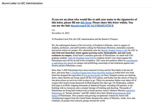 Alumni letter calls for USC admin to protect Arab and Muslim students