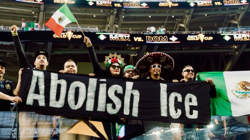 PVA showcasing an anti-ICE banner at the Mexico vs Dominican Republic 2025 Gold Cup game in Las Vegas, NV (Instagram/ @Ivantoribio13)