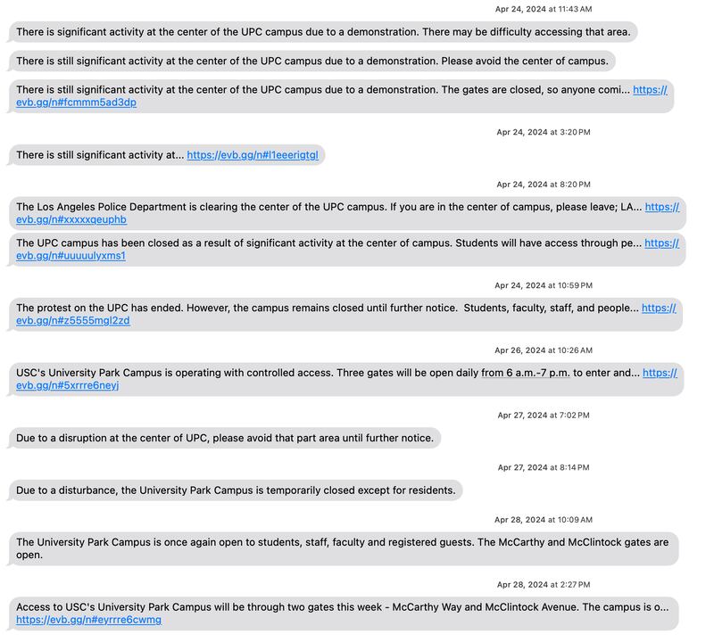 Screenshots from DPS warning students of the significant activity on campus.