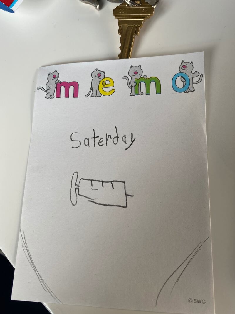 "A photo of Bea Sequeira's daughter's artwork, which features a doodle of her Saturday vaccine appointment."