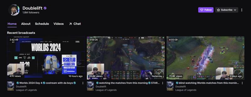 Doublelift's channel page on Twitch