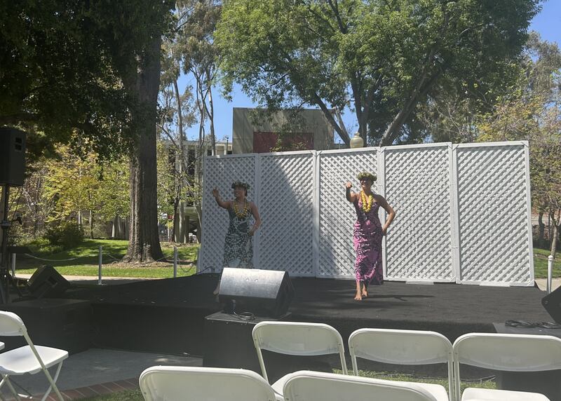 Student dancers Haley Do (left) and Mehana Paul (right) perform Hula for the USC community on April 9. (Photo by Michael Jiaming Liu).