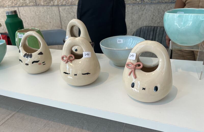 Photo of purse-like ceramic pieces with bunny and cat faces
