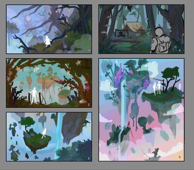 A graphic design collage depicting the setting of the video game, Skylost.