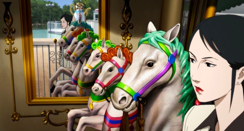 Screenshot from an animated film of a person standing next to three colorful horse figurines which are reflected back in a mirror.